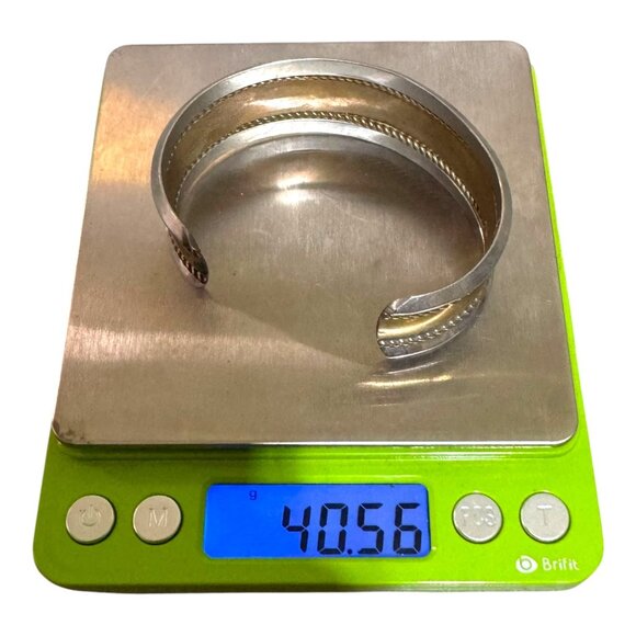 Vintage Two Tone Sterling Silver & Gold Tone Etched Southwest Cuff Bracelet - Picture 9 of 11